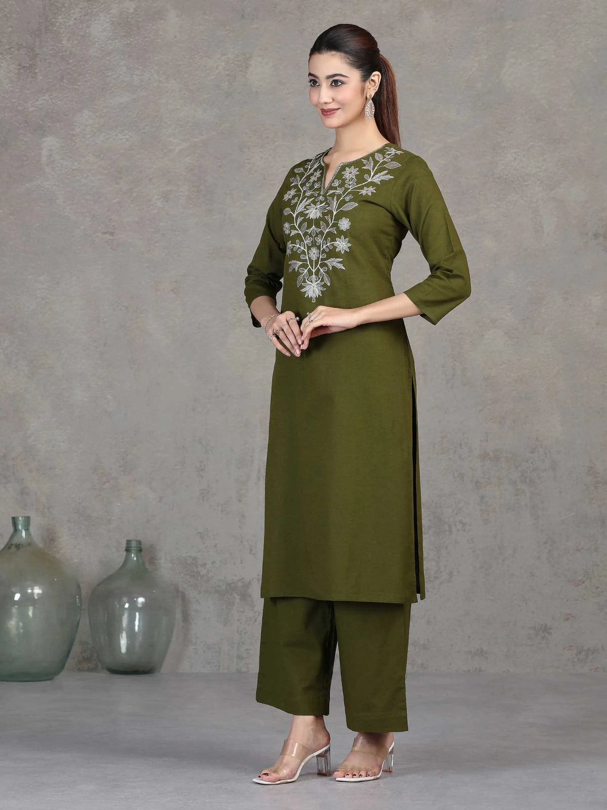 Green Embroidered Cotton Straight Co-ord Set