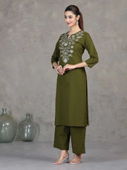 Green Embroidered Cotton Straight Co-ord Set
