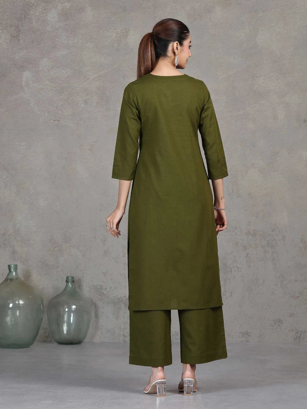 Green Embroidered Cotton Straight Co-ord Set