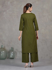 Green Embroidered Cotton Straight Co-ord Set