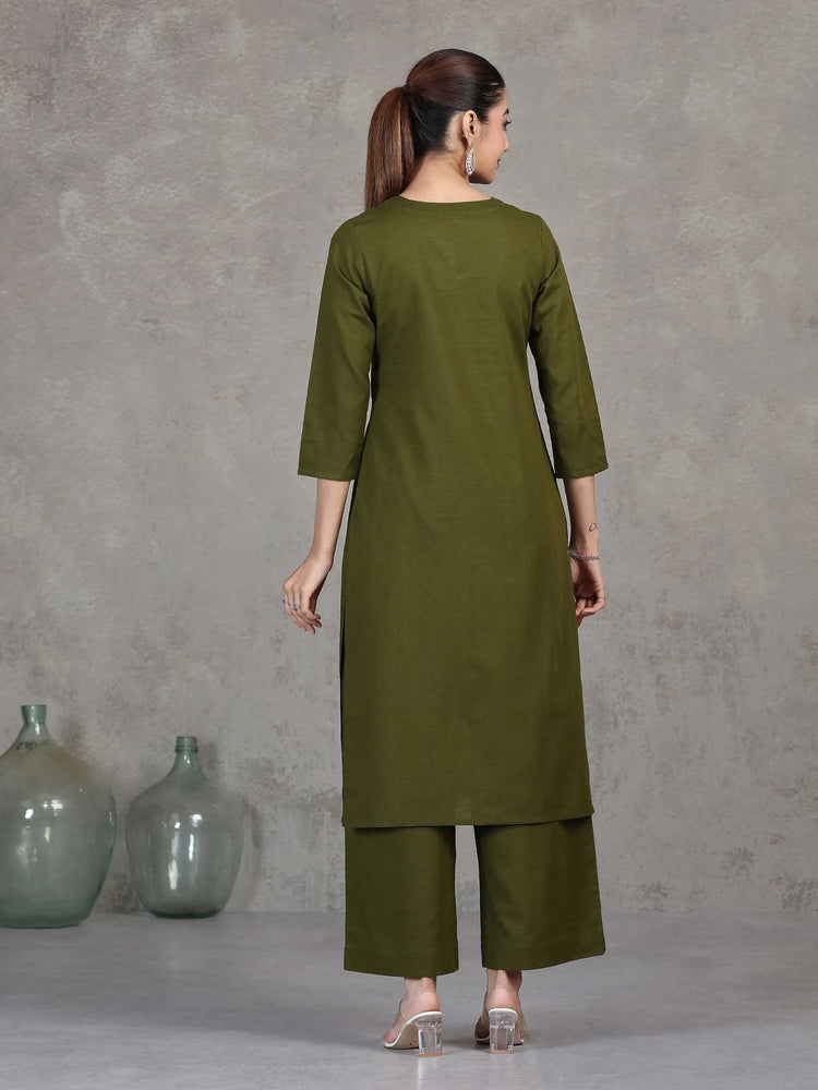 Green Embroidered Cotton Straight Co-ord Set