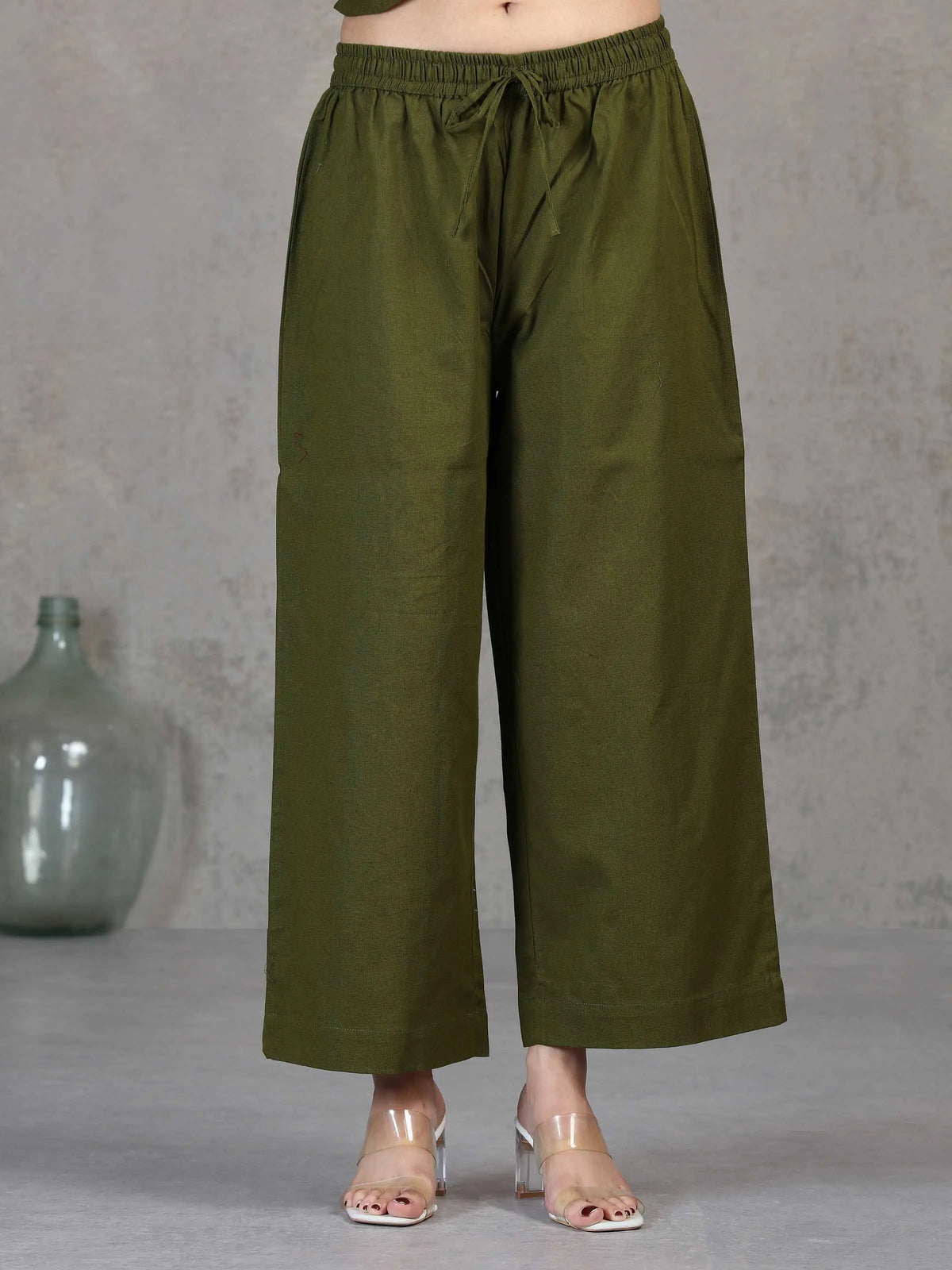 Green Embroidered Cotton Straight Co-ord Set