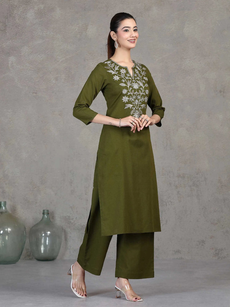 Green Embroidered Cotton Straight Co-ord Set