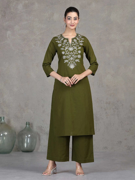 Green Embroidered Cotton Straight Co-ord Set