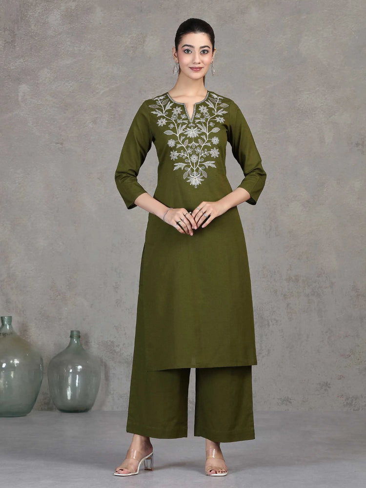 Green Embroidered Cotton Straight Co-ord Set