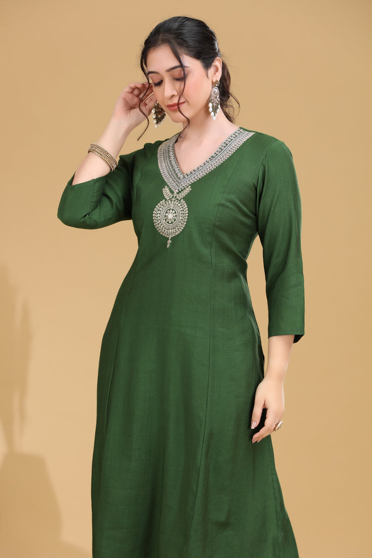 Green Embroidered Straight Co ord Set