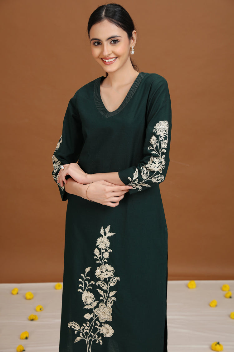 Green Embroidered Straight Co-ord Set