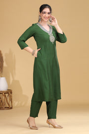 Green Embroidered Straight Co ord Set