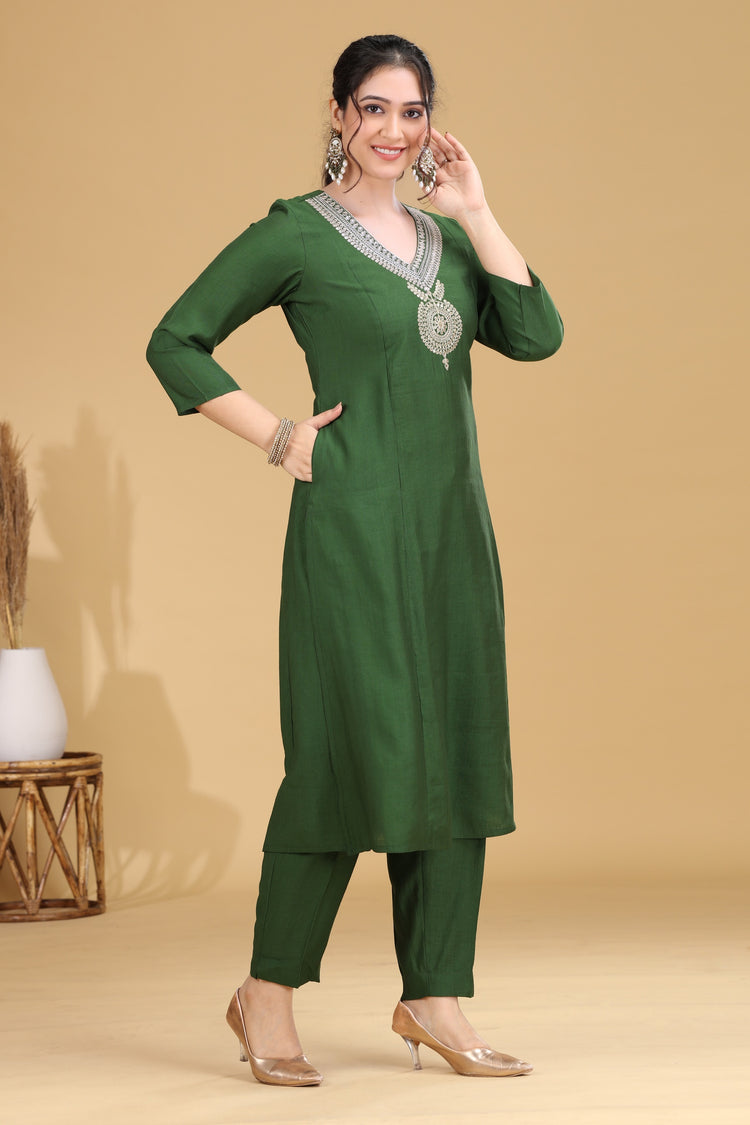 Green Embroidered Straight Co ord Set