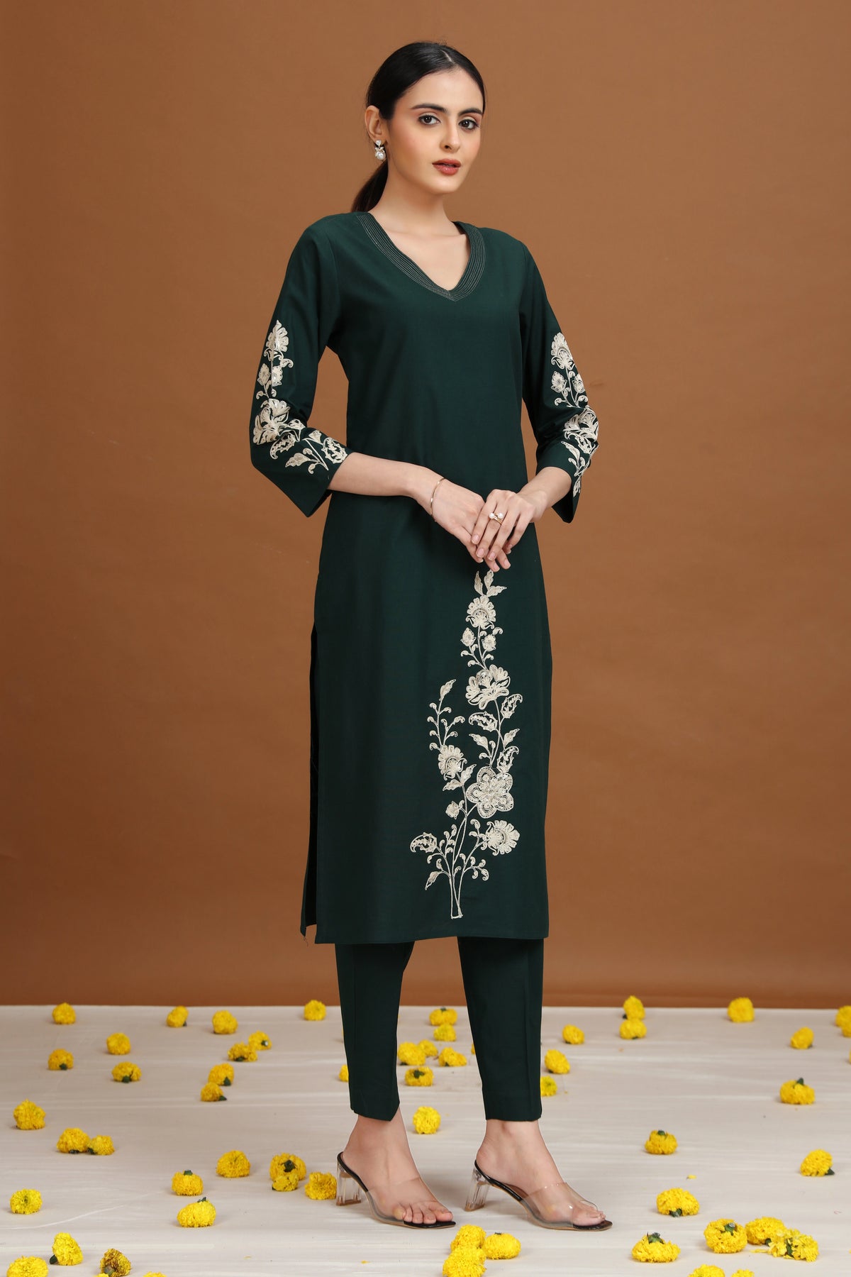 Green Embroidered Straight Co-ord Set