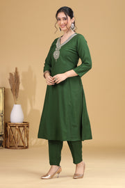 Green Embroidered Straight Co ord Set