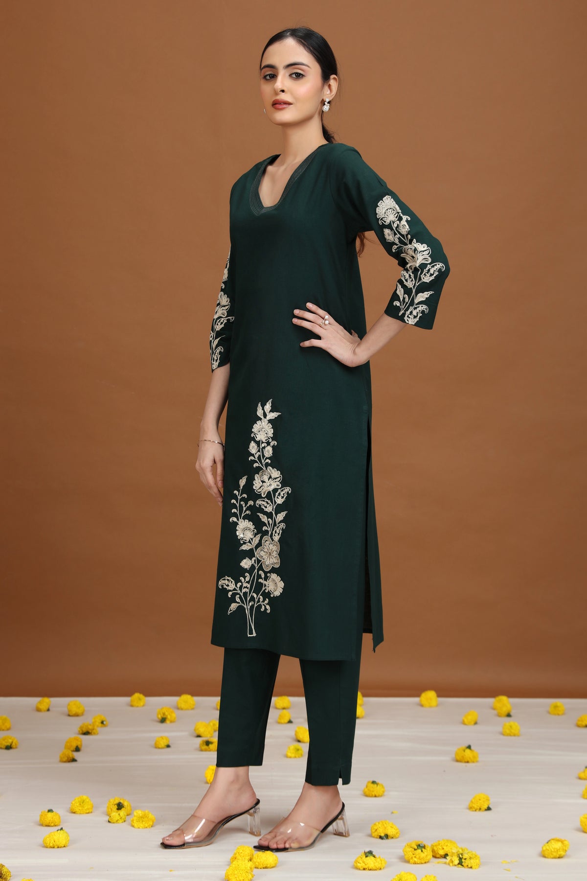 Green Embroidered Straight Co-ord Set