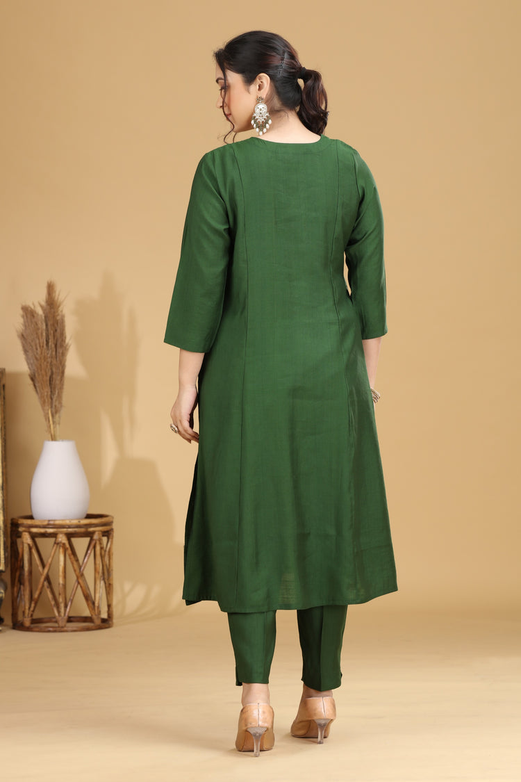 Green Embroidered Straight Co ord Set