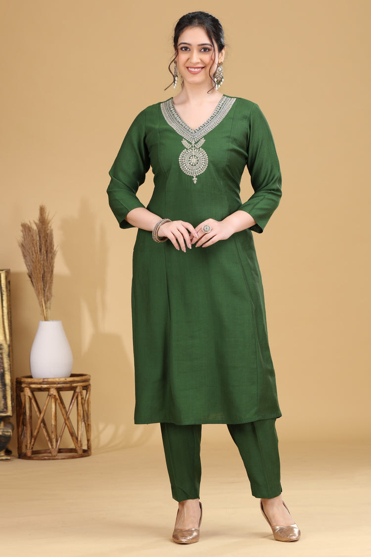 Green Embroidered Straight Co ord Set