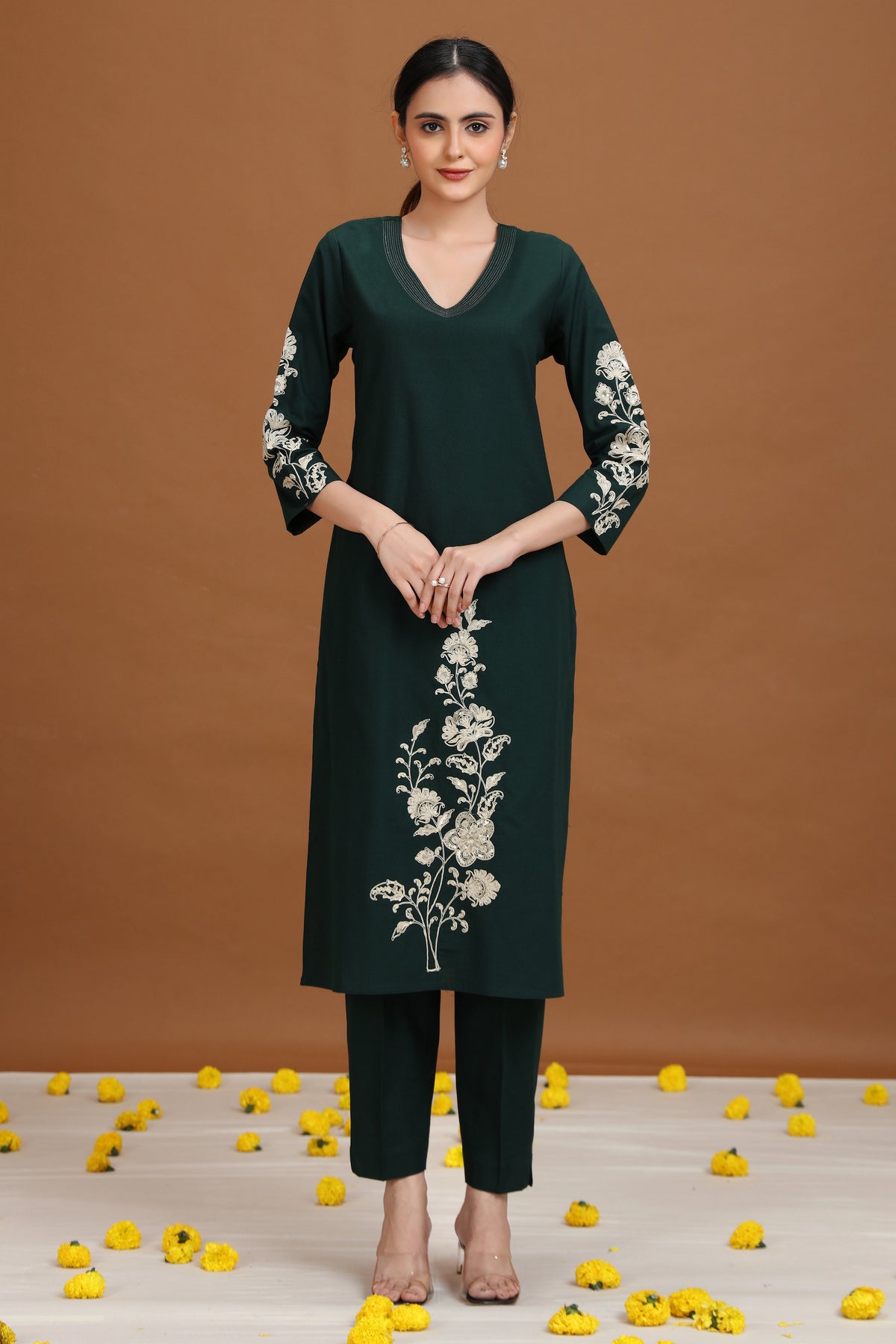 Green Embroidered Straight Co-ord Set