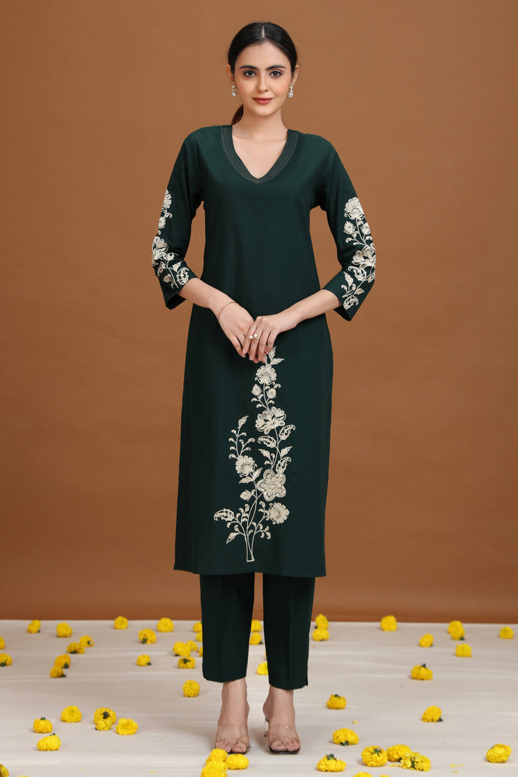 Green Embroidered Straight Co-ord Set