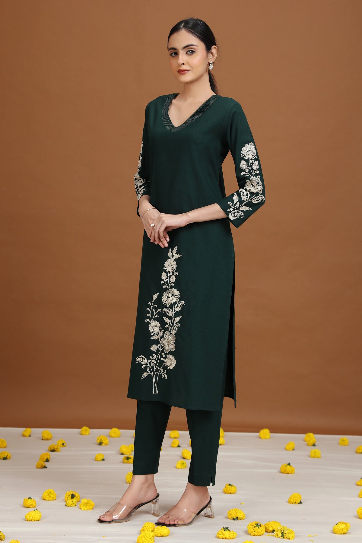 Green Embroidered Straight Co-ord Set
