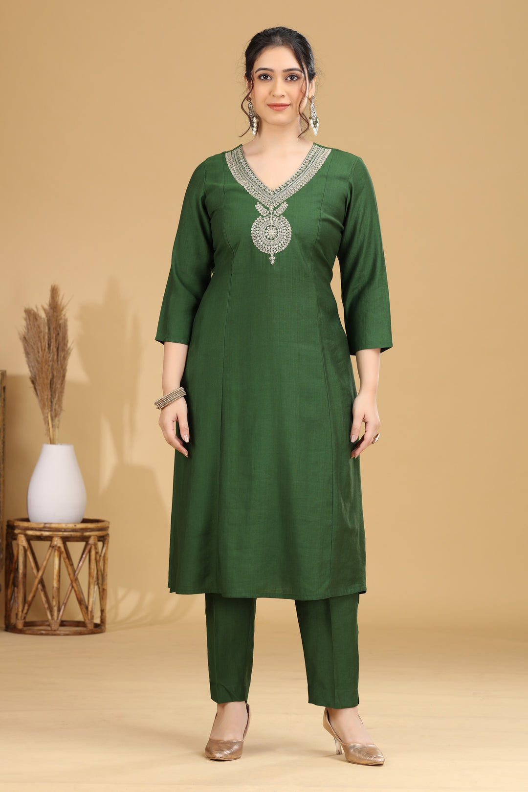 Green Embroidered Straight Co ord Set 