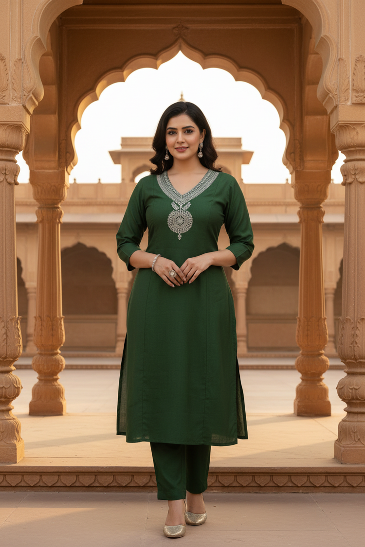 Green Embroidered Straight Co ord Set