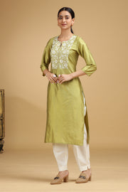 Green Embroidered Straight Kurta