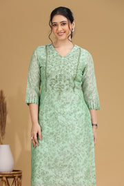 Green Floral Embroidered Straight Co ord Set