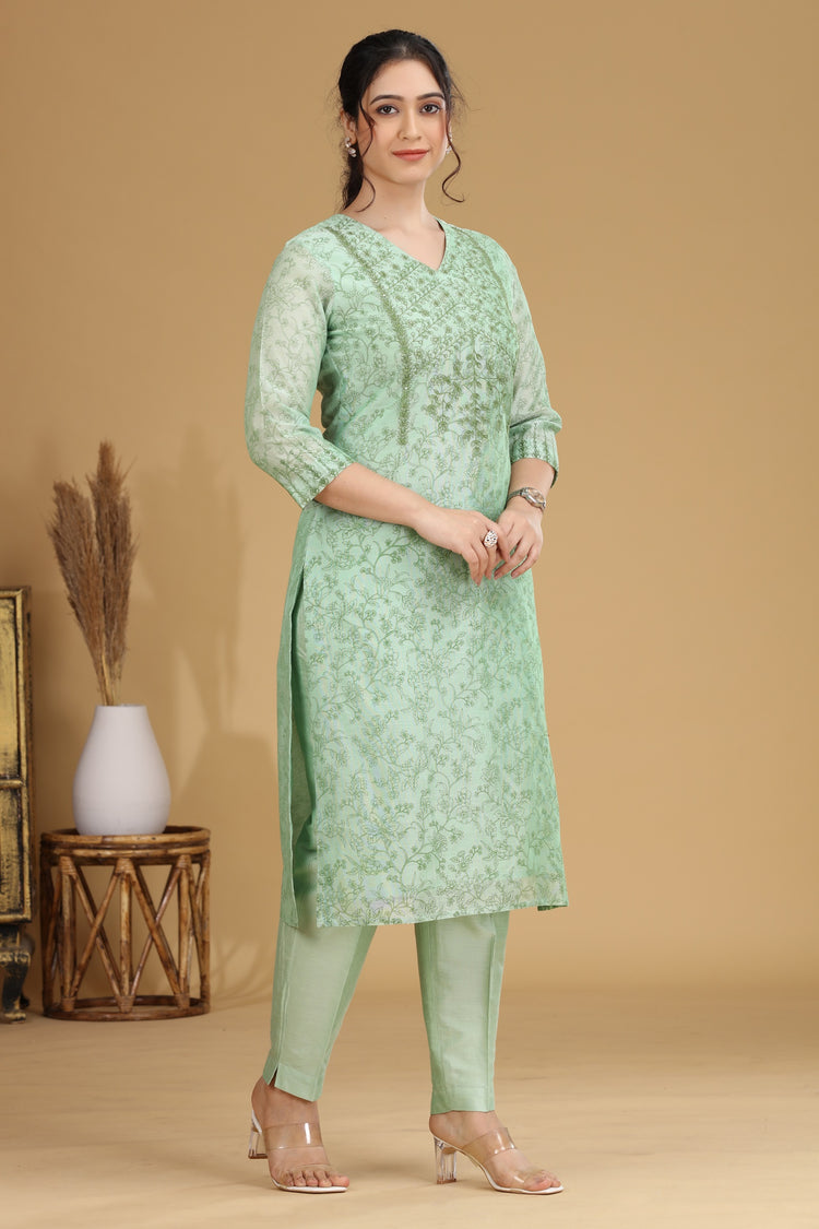 Green Floral Embroidered Straight Co ord Set