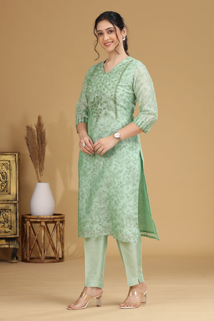 Green Floral Embroidered Straight Co ord Set