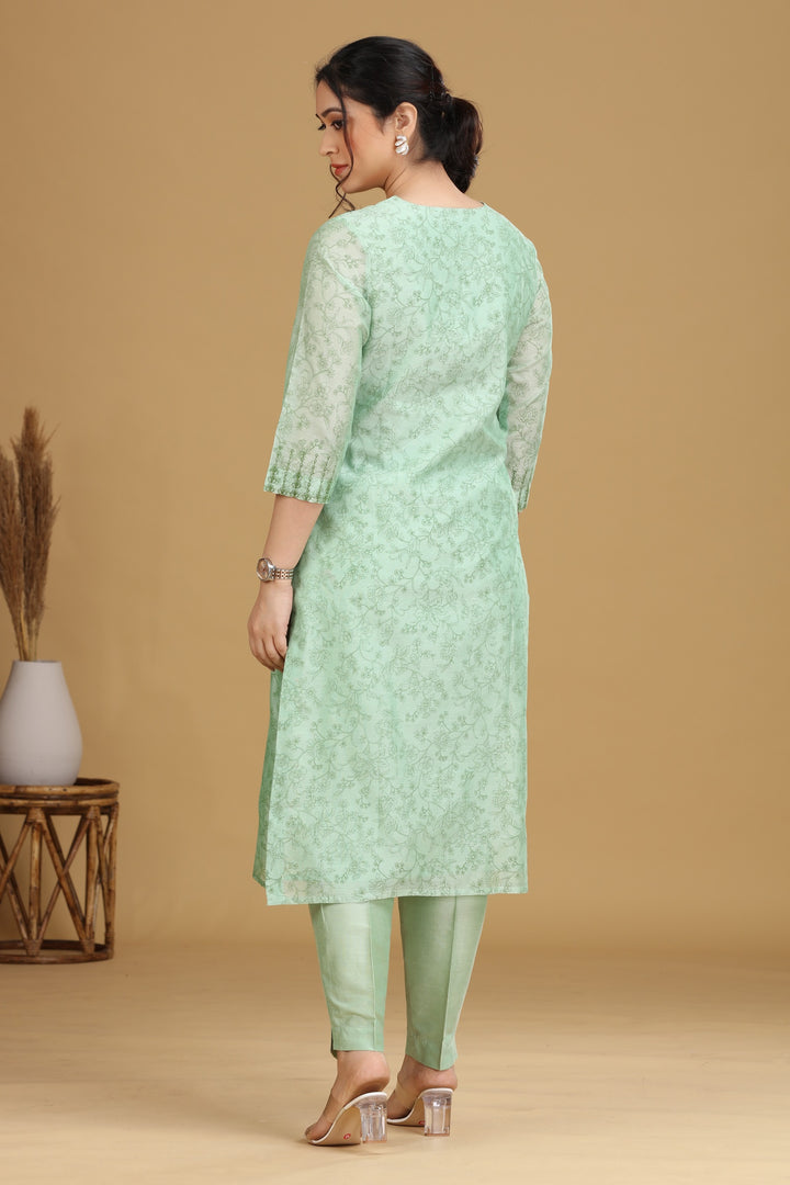 Green Floral Embroidered Straight Co ord Set