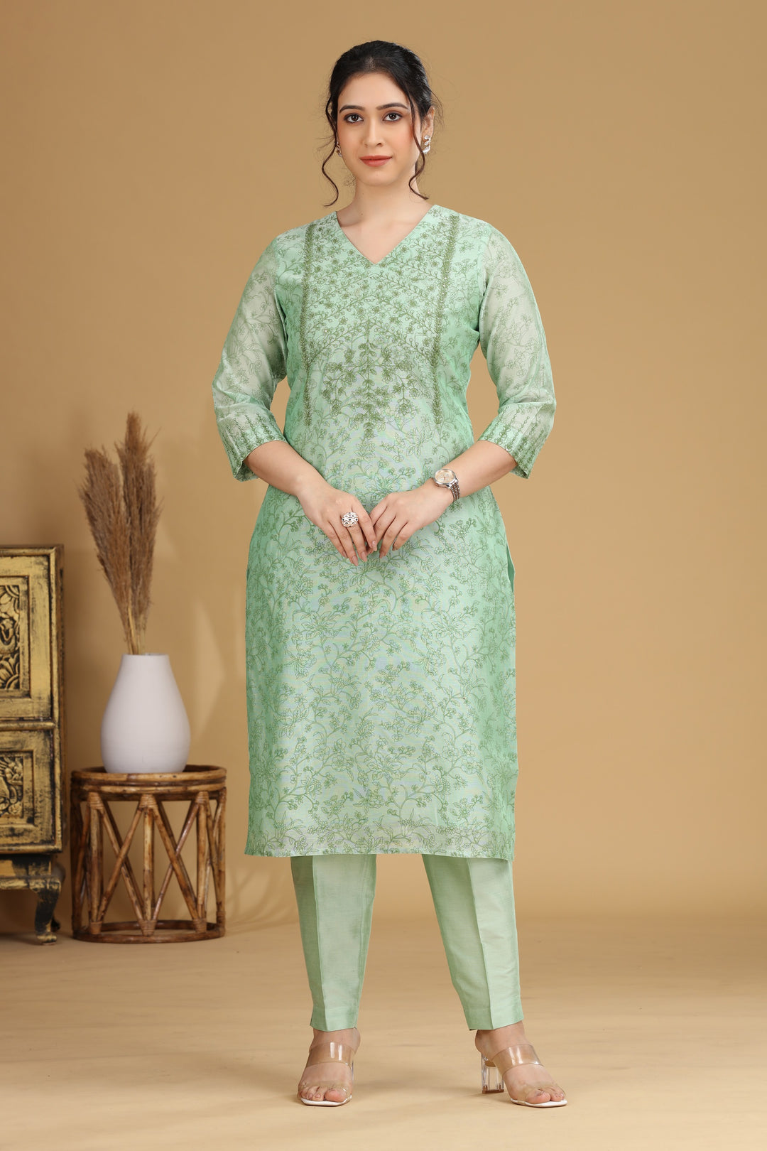 Green Floral Embroidered Straight Co ord Set