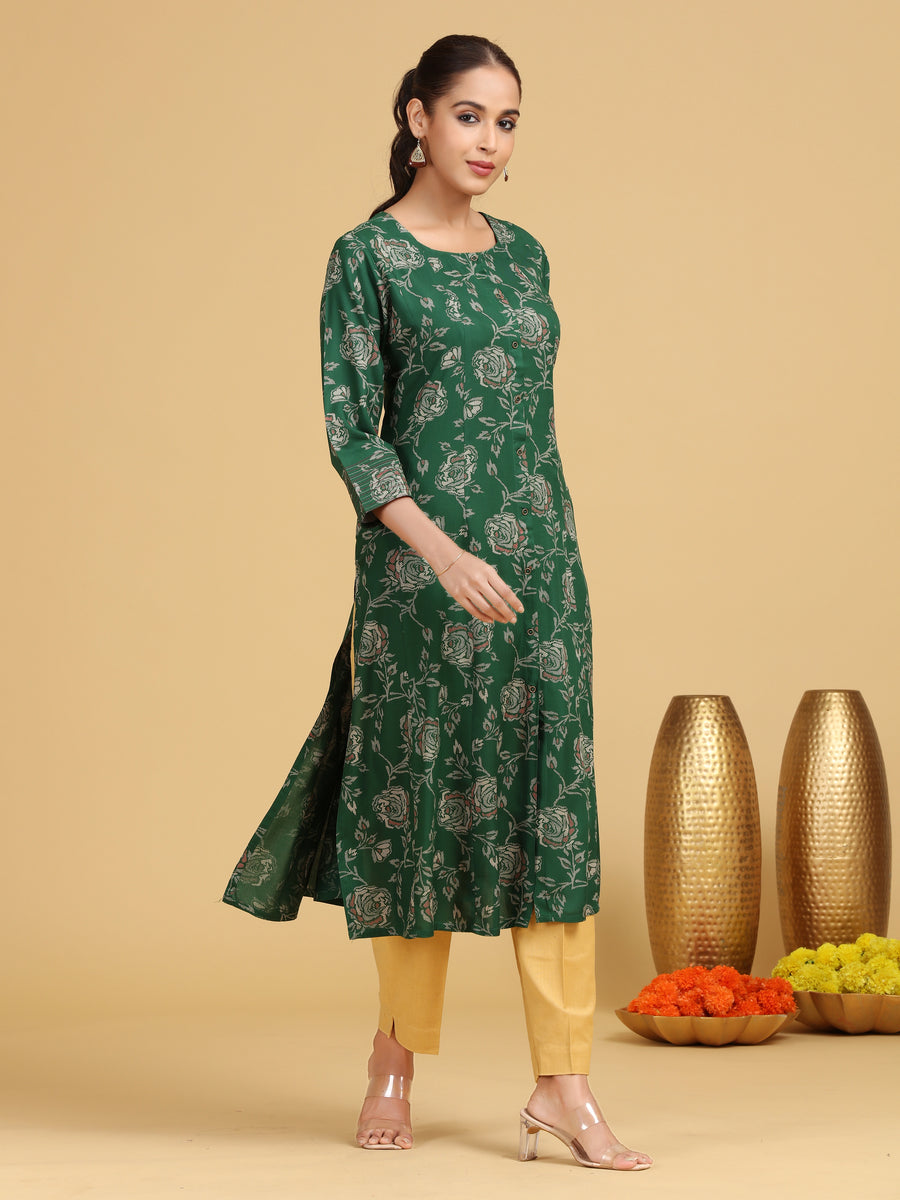 Green Yarndyed Pattern Straight Kurta