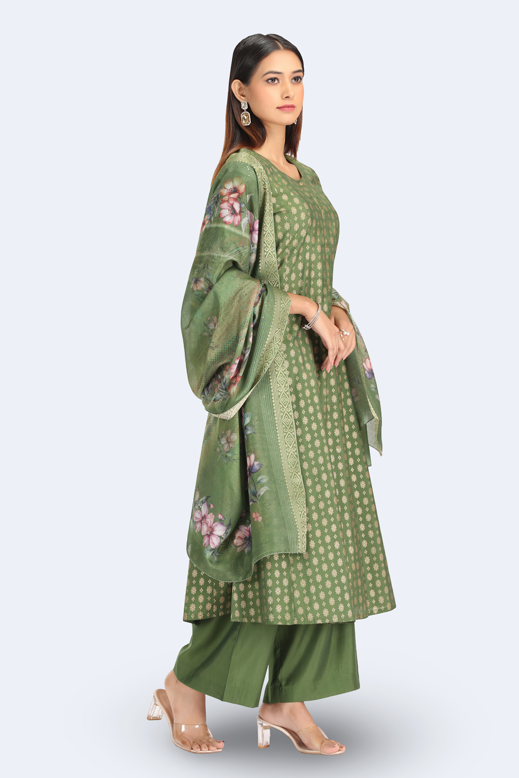 Green Roman Silk Embroidered A Line Kurta Pant and Dupatta Suit Set