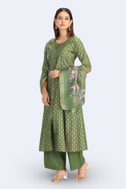 Green Roman Silk Embroidered A Line Kurta Pant and Dupatta Suit Set