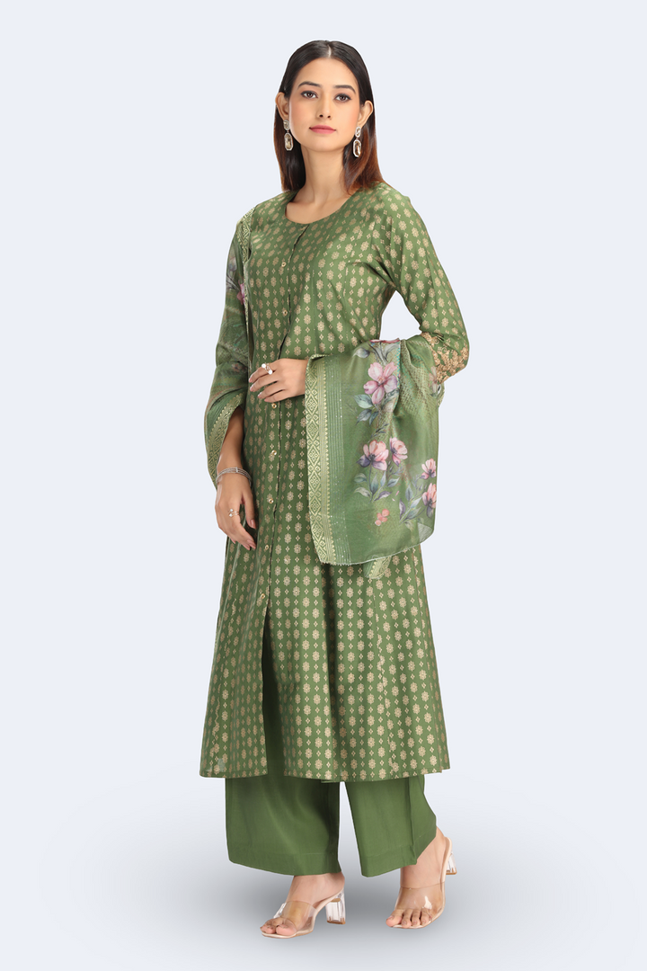 Green Roman Silk Embroidered A Line Kurta Pant and Dupatta Suit Set