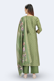 Green Roman Silk Embroidered A Line Kurta Pant and Dupatta Suit Set
