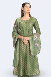 Green Roman Silk Embroidered A Line Kurta Pant and Dupatta Suit Set