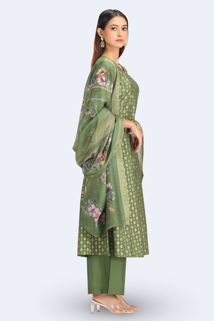 Green Roman Silk Embroidered A Line Kurta Pant and Dupatta Suit Set