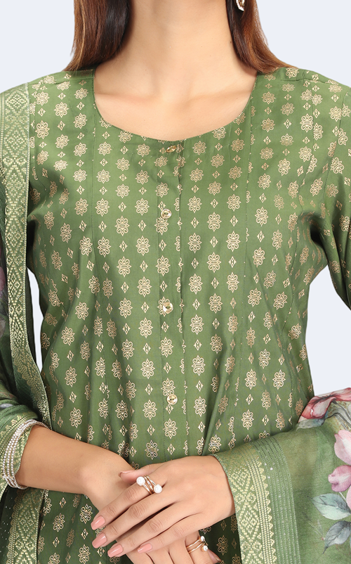Green Roman Silk Embroidered A Line Kurta Pant and Dupatta Suit Set