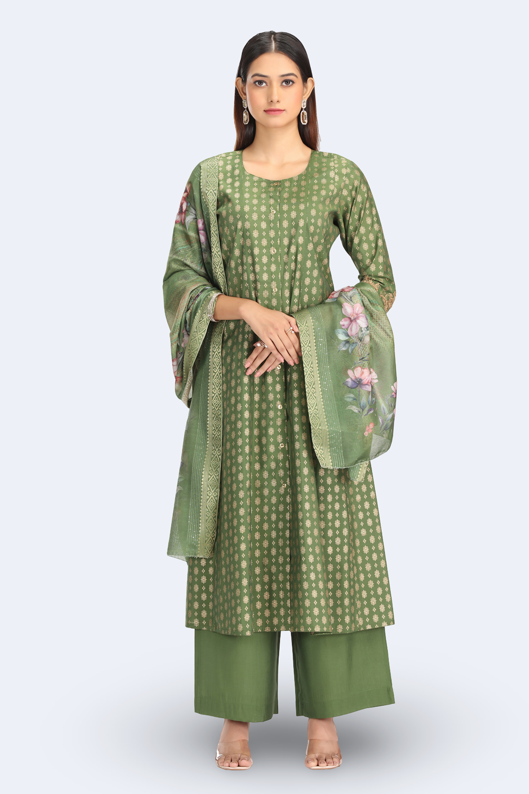 Green Roman Silk Embroidered A Line Kurta Pant and Dupatta Suit Set