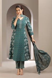 Green Jaipuri Cotton A Line Printed Kurta Pant and Dupatta Set