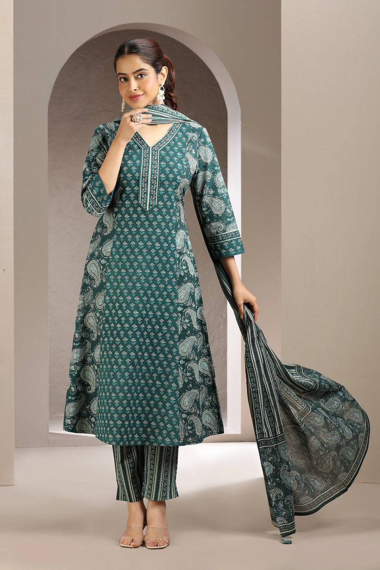 Green Jaipuri Cotton A Line Printed Kurta Pant and Dupatta Set