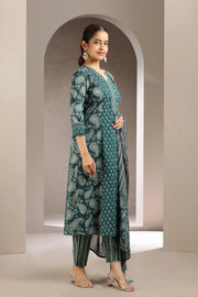 Green Jaipuri Cotton A Line Printed Kurta Pant and Dupatta Set