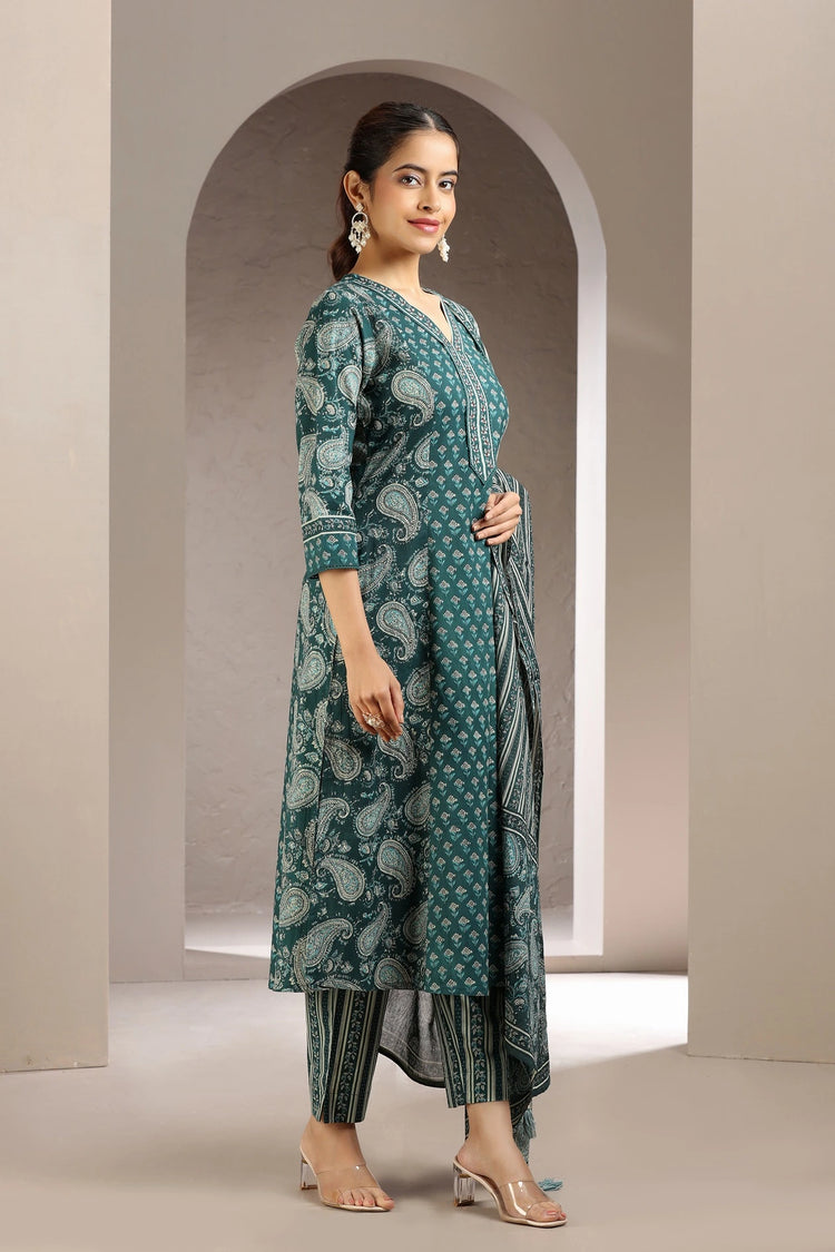 Green Jaipuri Cotton A Line Printed Kurta Pant and Dupatta Set
