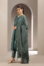 Green Jaipuri Cotton A Line Printed Kurta Pant and Dupatta Set