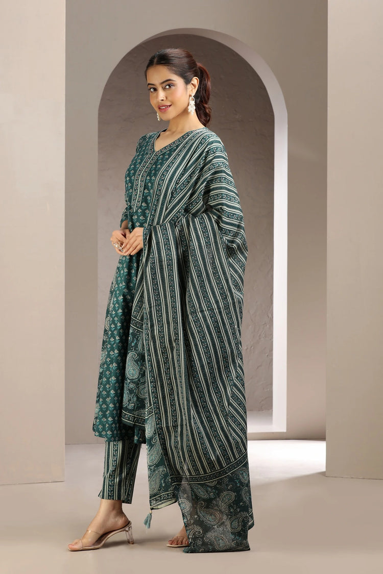 Green Jaipuri Cotton A Line Printed Kurta Pant and Dupatta Set