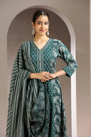 Green Jaipuri Cotton A Line Printed Kurta Pant and Dupatta Set