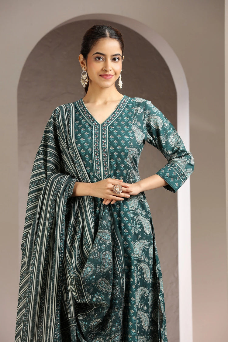 Green Jaipuri Cotton A Line Printed Kurta Pant and Dupatta Set