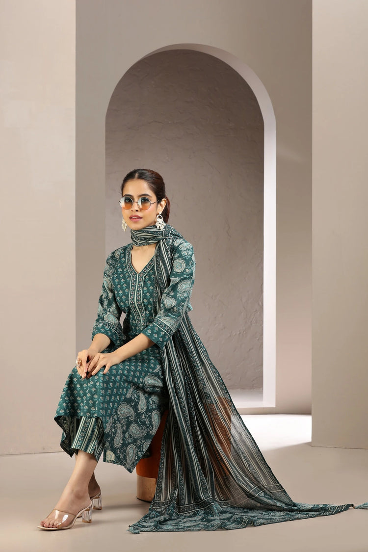 Green Jaipuri Cotton A Line Printed Kurta Pant and Dupatta Set