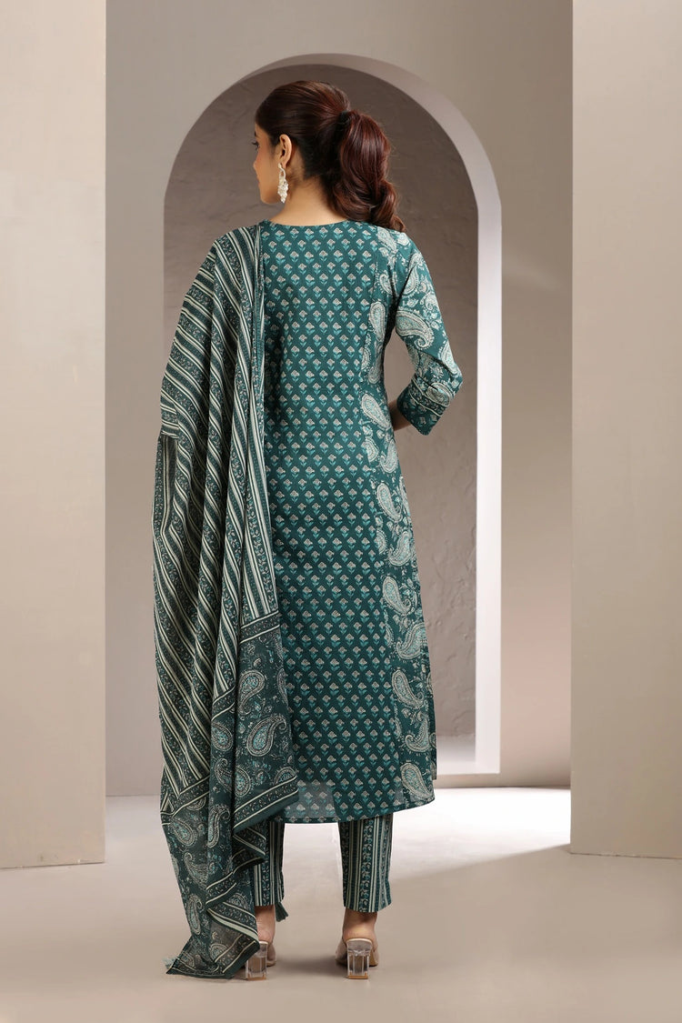 Green Jaipuri Cotton A Line Printed Kurta Pant and Dupatta Set