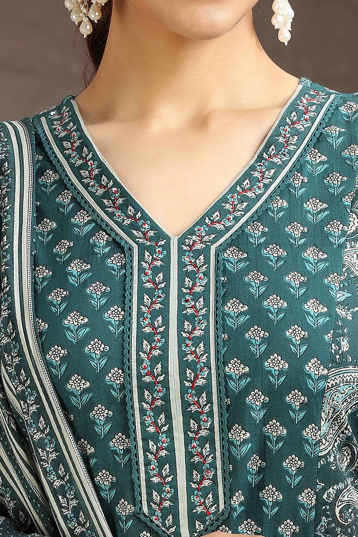 Green Jaipuri Cotton A Line Printed Kurta Pant and Dupatta Set
