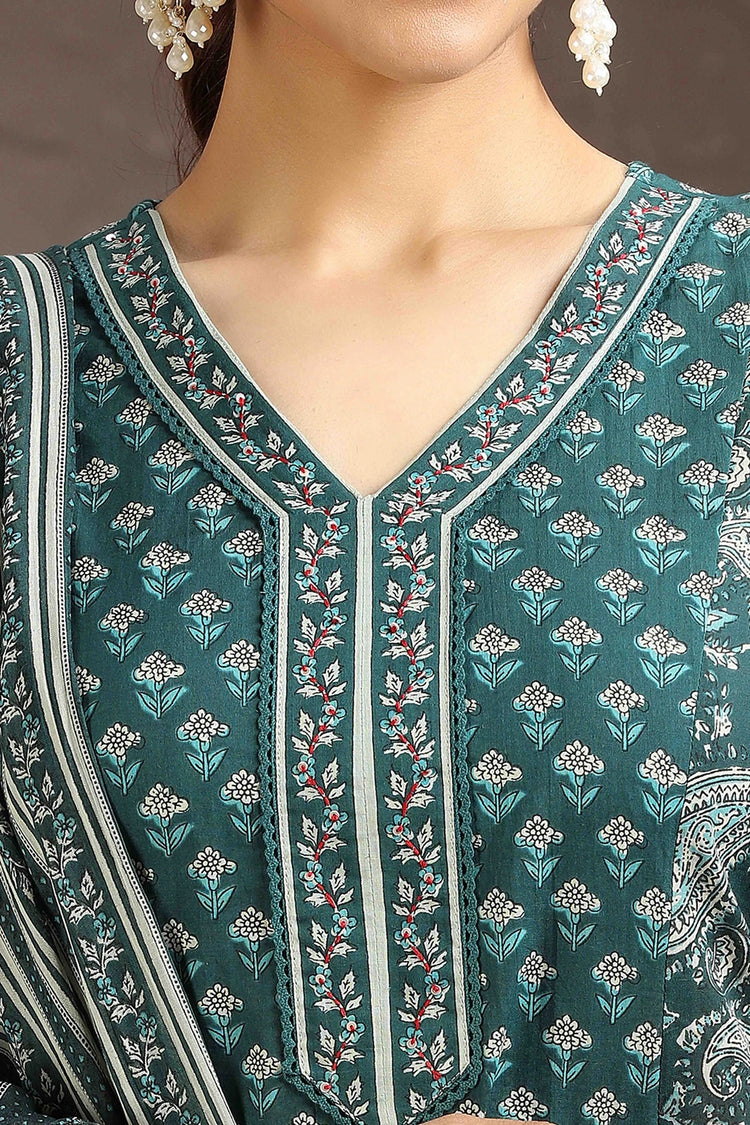 Green Jaipuri Cotton A Line Printed Kurta Pant and Dupatta Set